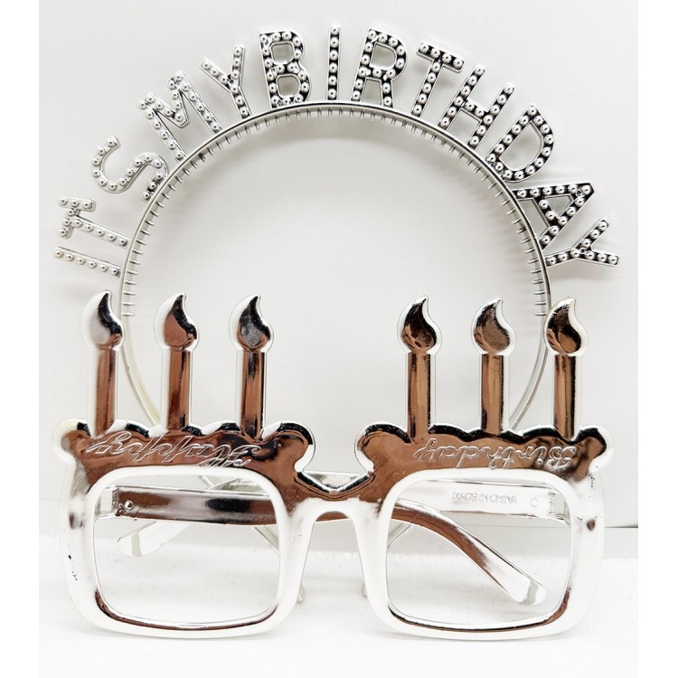 It's My Birthday Written Crown and Candle-Shaped Glasses Set Silver Color It's My Birthday Written Crown and Candle-Shaped Glasses Set Silver Color