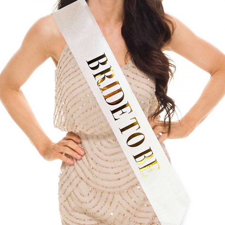 Gold-Plated Belt with "Bride To Be" Written in White, Sparkling Sequins, 10 cm Width Gold-Plated Belt with "Bride To Be" Written in White, Sparkling Sequins, 10 cm Width