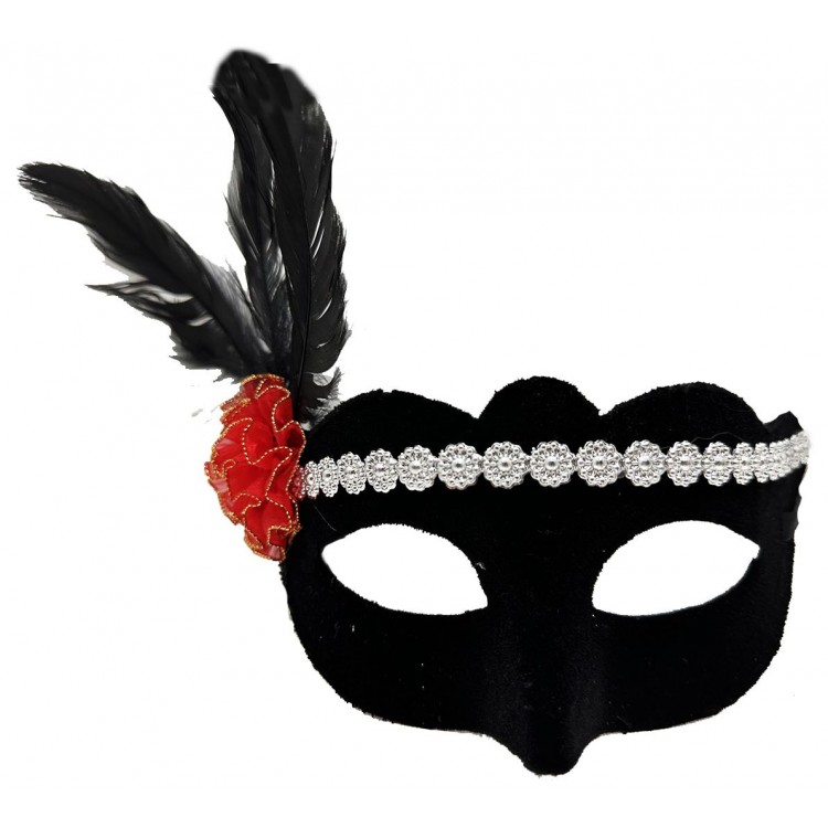 Black Suede Covered Silver Lace Red Rose Design Party Mask 18x20 cm Black Suede Covered Silver Lace Red Rose Design Party Mask 18x20 cm