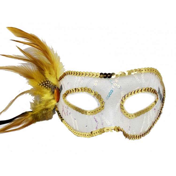 Gold-Colored Side-Feathered Sequined Party Mask 23x12 cm