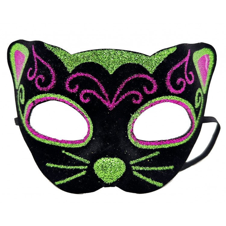 Black Velvet Cover with Pink and Green Embroidered Cat Mask 20x13 cm