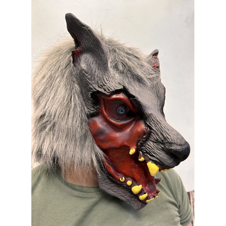 Kafaya Tam Geçmeli Lateks Dişli Ağzı Açık Kurt Maskesi Kafaya Tam Geçmeli Lateks Dişli Ağzı Açık Kurt Maskesi
