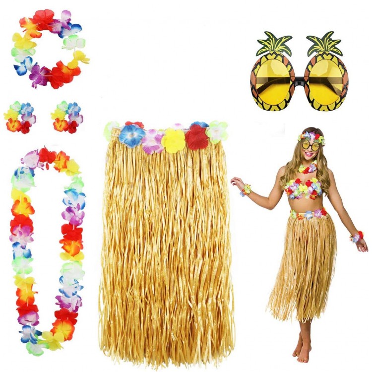 Hawaii Parti Kostüm Seti - 60 cm Hasır Etek, Çiçekli Aksesuarlar ve Ananas Gözlük Hawaii Parti Kostüm Seti - 60 cm Hasır Etek, Çiçekli Aksesuarlar ve Ananas Gözlük