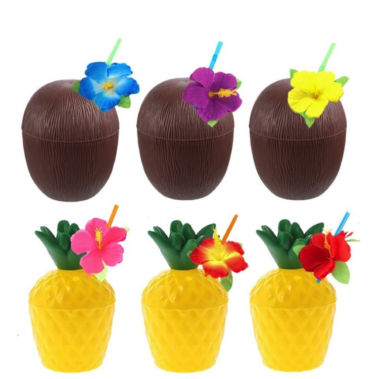 Ananas & Hindistan Cevizi Tasarımlı Pipetli Bardak Seti (6 Adet)