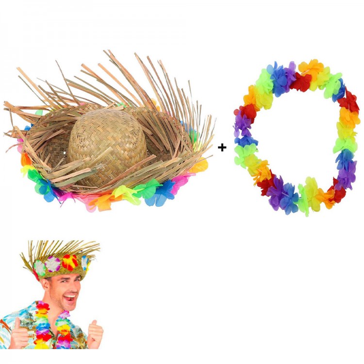 Hawaii Tarzı Tropikal Çiçekli Hasır Şapka ve Çiçekli Hawaii Kolye Hawaii Tarzı Tropikal Çiçekli Hasır Şapka ve Çiçekli Hawaii Kolye