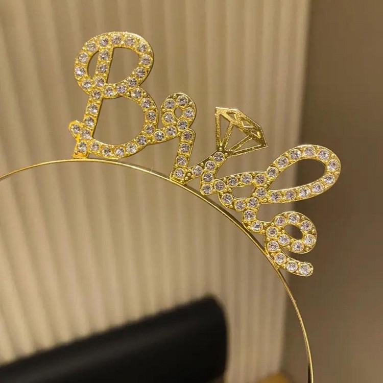 Gold-Colored Stone "Bride" Wedding Tiara – Handwritten Font Gold-Colored Stone "Bride" Wedding Tiara – Handwritten Font