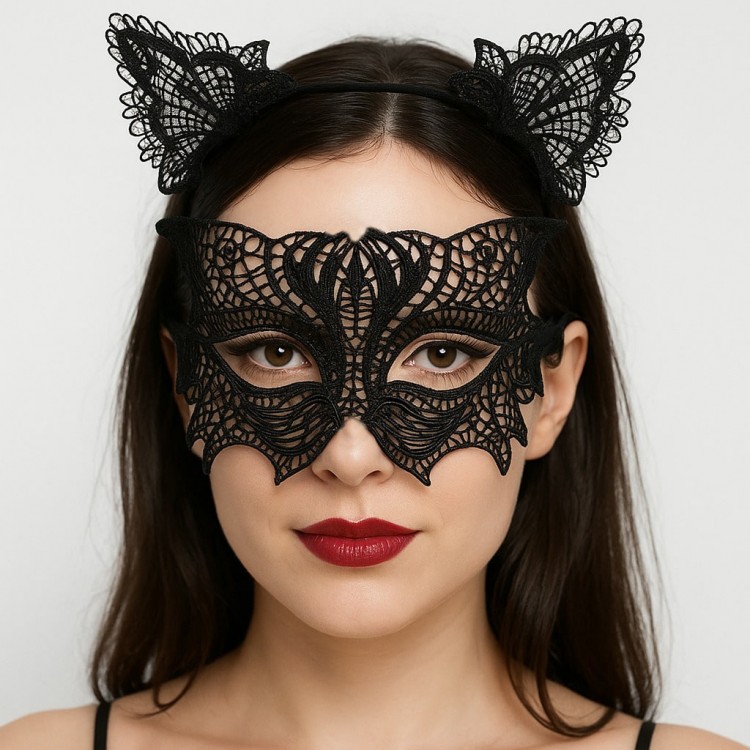 Black Lace Cat Mask and Crown Set No. 8 – Chic and Elegant Party Accessory