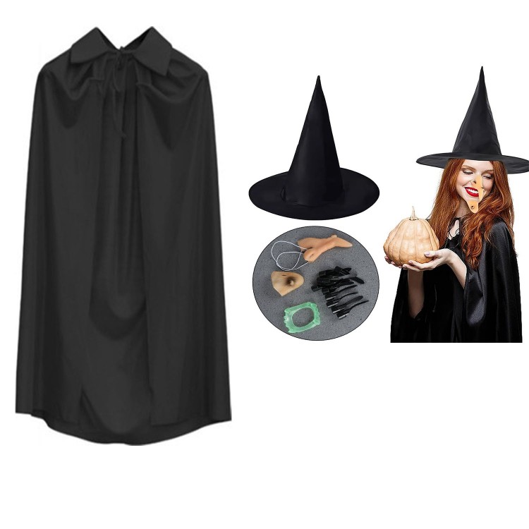 Cadı Kostüm Seti 6 Parça - Şapka Pelerin Diş Tırnaklar Çene ve Burun Cadı Kostüm Seti 6 Parça - Şapka Pelerin Diş Tırnaklar Çene ve Burun