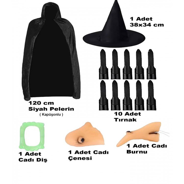 Black Hooded Cape 120 Cm Nails Teeth, Jaw, Nose and Hat Set