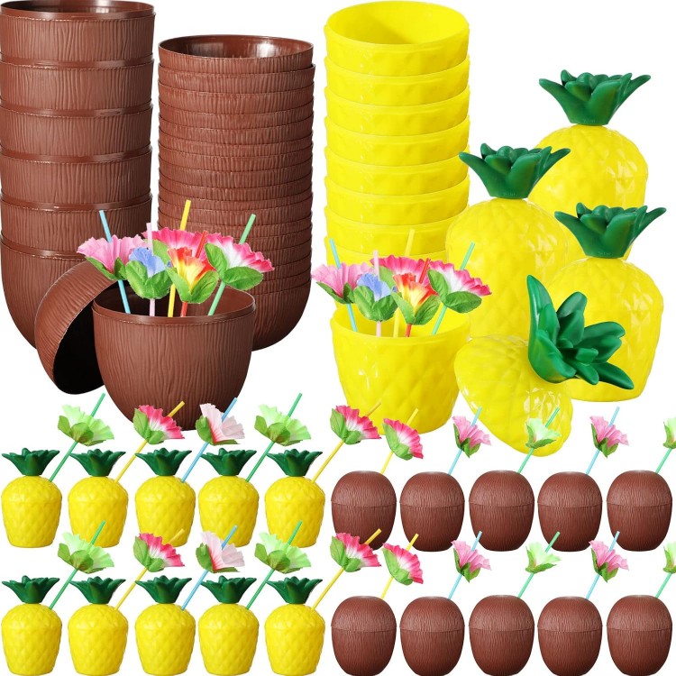 Tropical Party Glass Set – Pineapple and Coconut Shaped Straw Cups (20 Pieces)