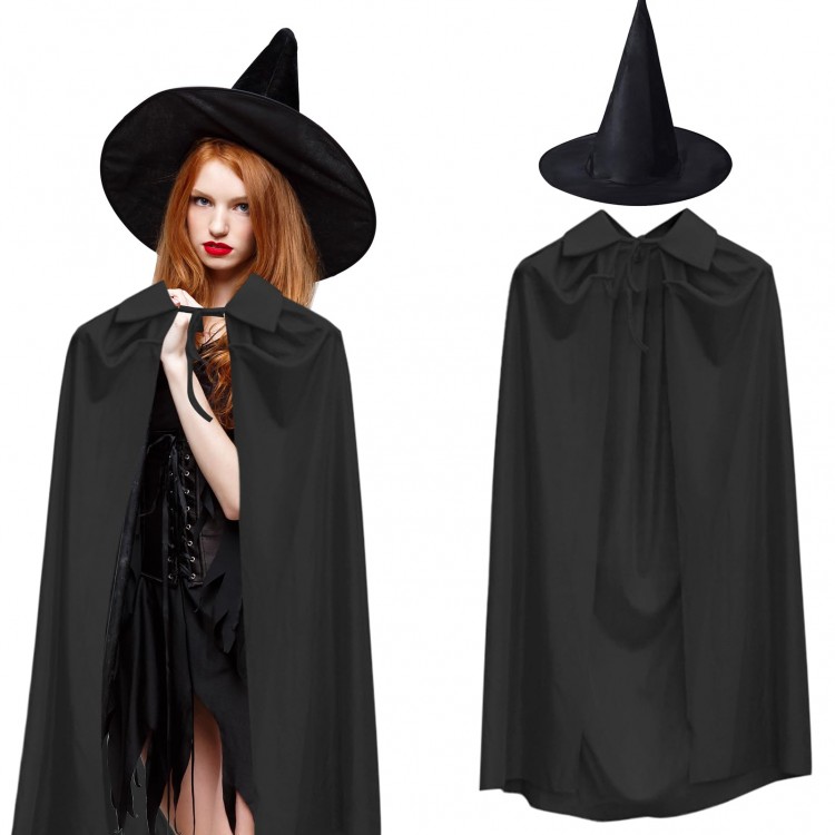 120 cm Black Collared Cape and Black Witch Hat Costume Set 120 cm Black Collared Cape and Black Witch Hat Costume Set