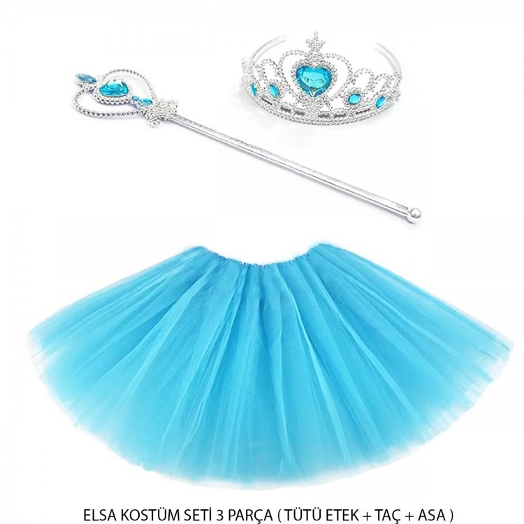 Blue Princess Elsa Costume Set 3 Piece (Tutu Skirt + Crown + Wand)
