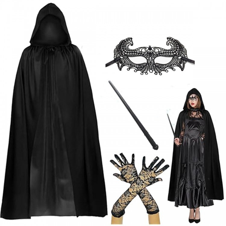 120 cm Hooded Black Cape + Wand + Lace Mask + Long Lace Black Gloves Costume Set 120 cm Hooded Black Cape + Wand + Lace Mask + Long Lace Black Gloves Costume Set