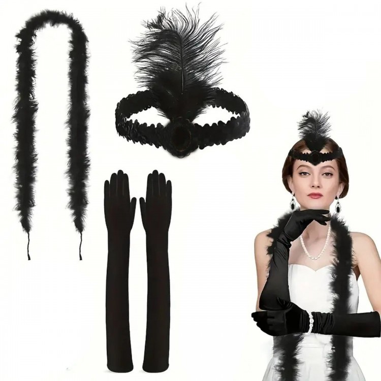 1920s Style Black Feather Hair Band, Patent Leather Black Gloves, and Black Ostrich Set