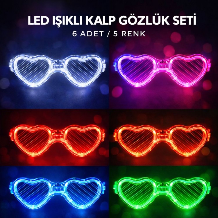 LED Işıklı Kalp Glow Pilli Parti Gözlüğü – 6 Adet / 5 Renk Set LED Işıklı Kalp Glow Pilli Parti Gözlüğü – 6 Adet / 5 Renk Set