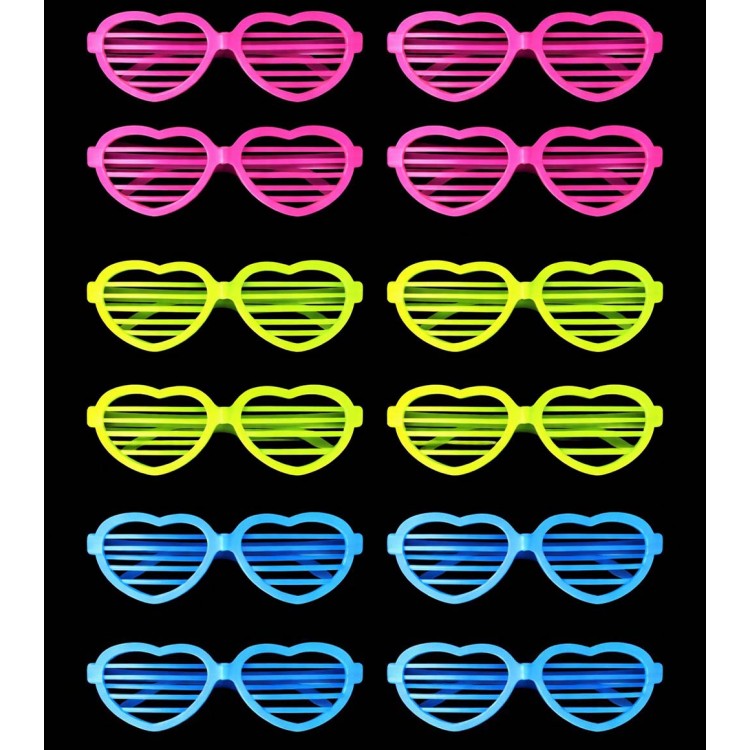 Retro Neon Fosforlu Kalp Panjur Gözlük 12 Adet – 80’ler 90’lar Parti Stili
