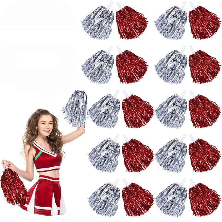 Kırmızı Gümüş Metalik Dolgun Gösteri Ponponu 20 Adet (10 Çift)