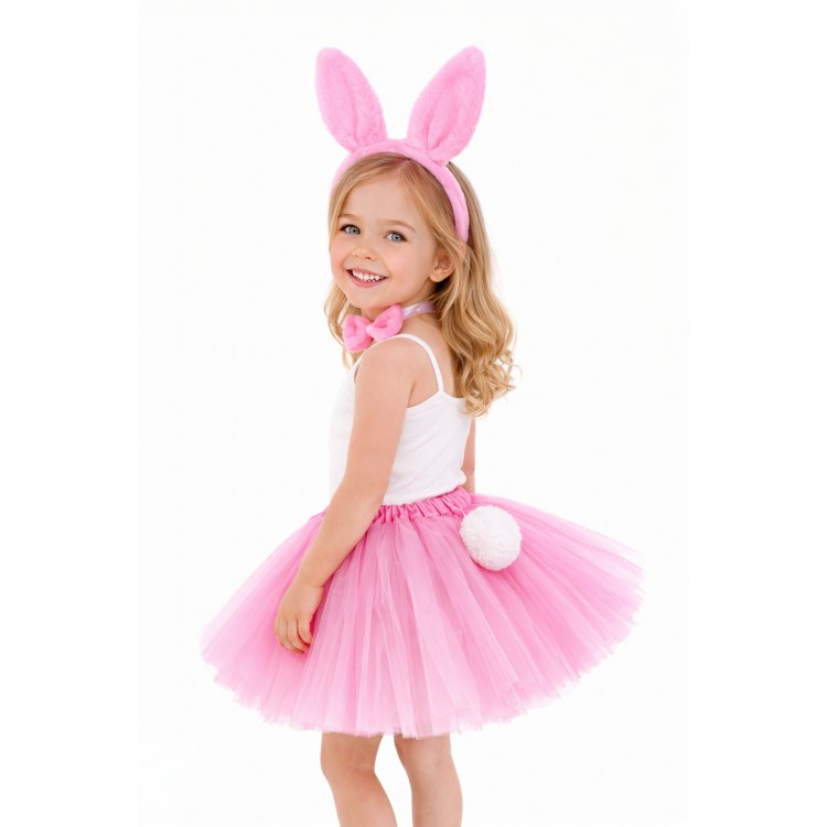 Girls' All-Pink Bunny Ear Costume Set – 4-Piece with Tulle Skirt