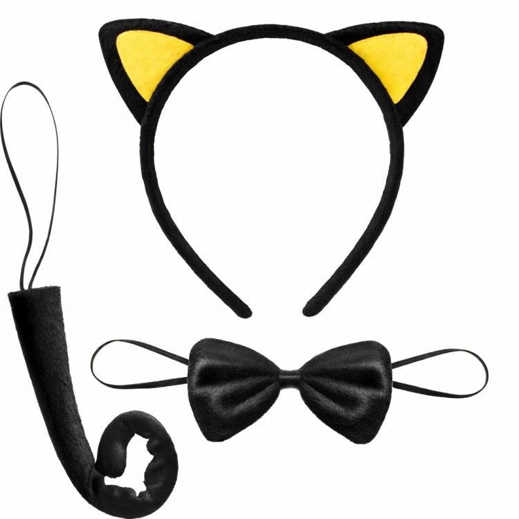 Yellow-Eared Cat Costume Set – Crown Bow Tie Tail 3 Pieces