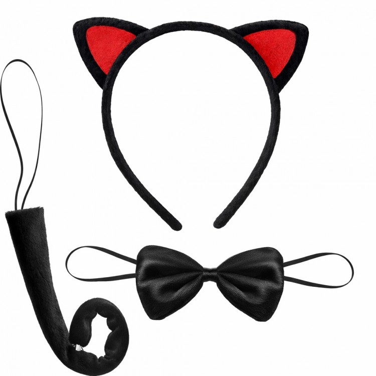 Red Eared Cat Costume Set – Crown Bow Tie Tail 3 Pieces