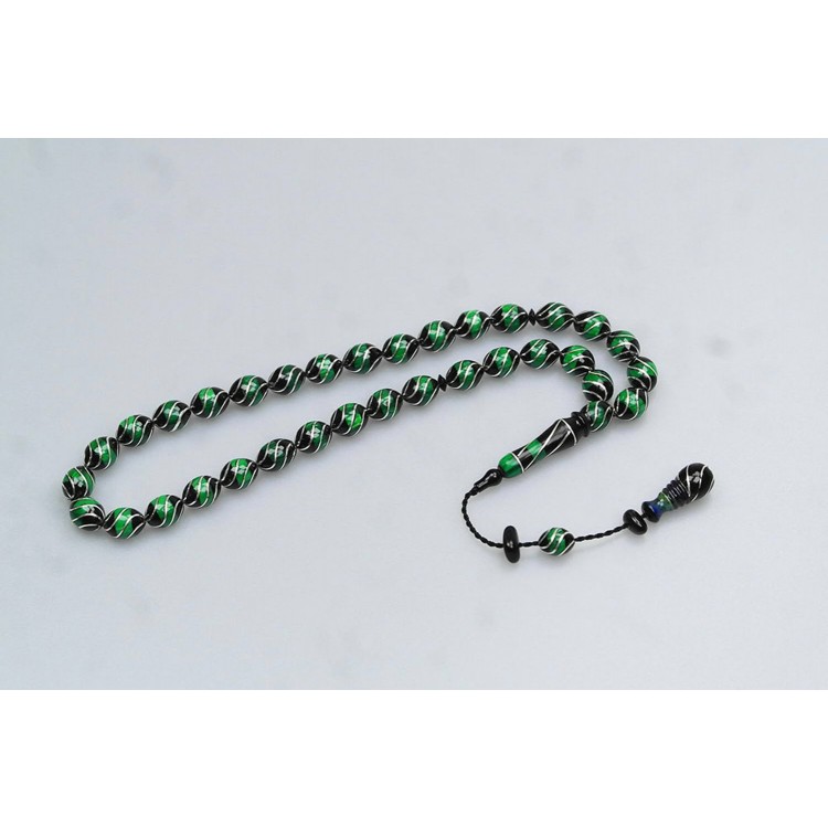Jet Stone and Green Galalith Fountain Nightingale Embroidered Rosary
