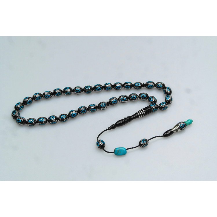 Jet Stone and Turquoise Enameled Tespih