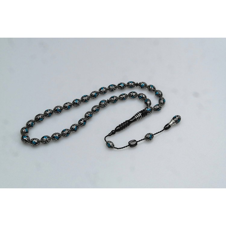 Oltu Stone and Enamel Inlaid Prayer Beads