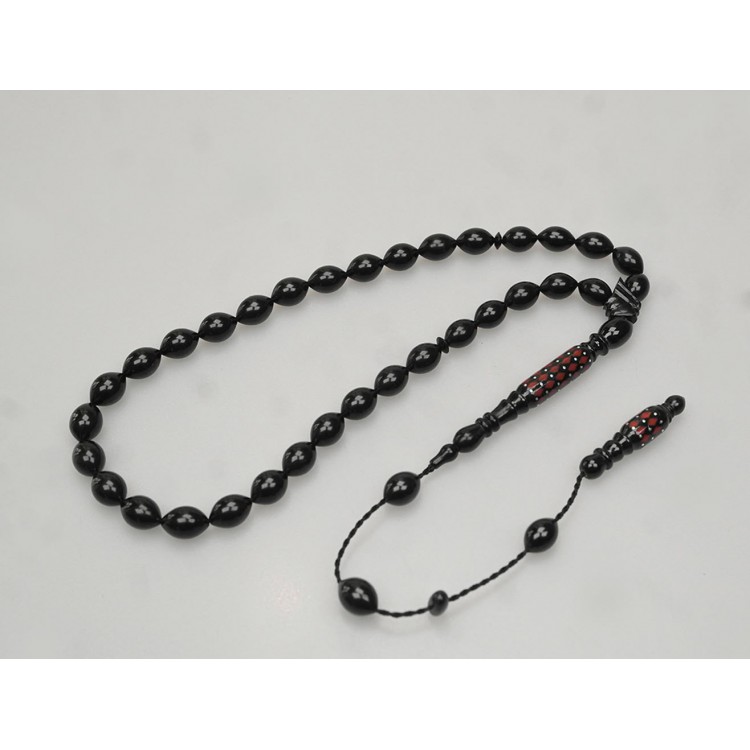 Oltu Stone Carved Imamate and Red Enameled Plain Prayer Beads Oltu Stone Carved Imamate and Red Enameled Plain Prayer Beads