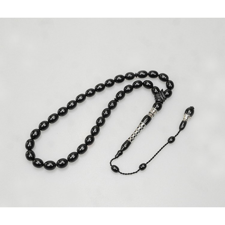 Oltu Stone Square Diamond Patterned Imame Silver Engraved Plain Prayer Beads