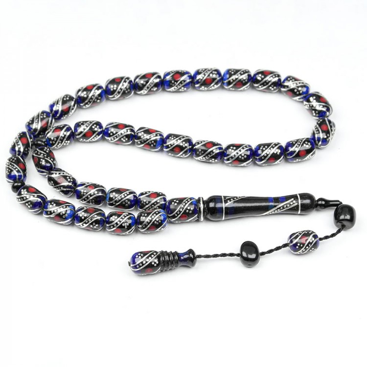 Oltu Stone and Galalith Capsule Cut Double Fountain Engraved Prayer Beads