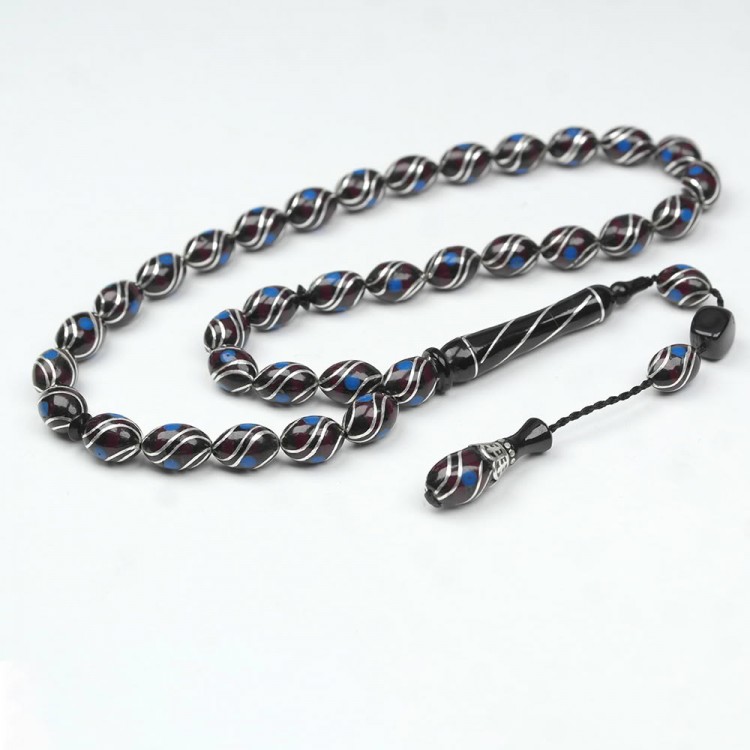 Oltu Stone and Red Galalith Double Fountain Engraved Prayer Beads Oltu Stone and Red Galalith Double Fountain Engraved Prayer Beads