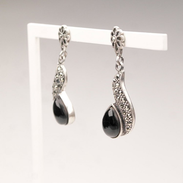 Marcasite Stone Silver Drop Oltu Stone Earrings