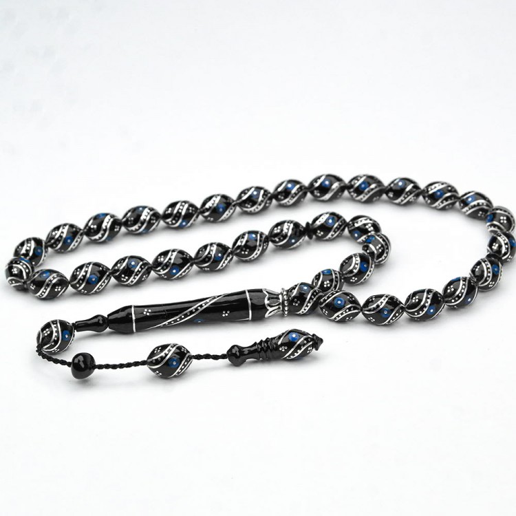 Oltu Stone Double Nightingale Blue Embroidered Prayer Beads Oltu Stone Double Nightingale Blue Embroidered Prayer Beads