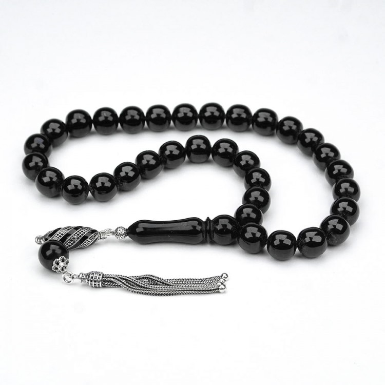 Oltu Stone Plain Silver Tasseled Sphere Prayer Beads Oltu Stone Plain Silver Tasseled Sphere Prayer Beads