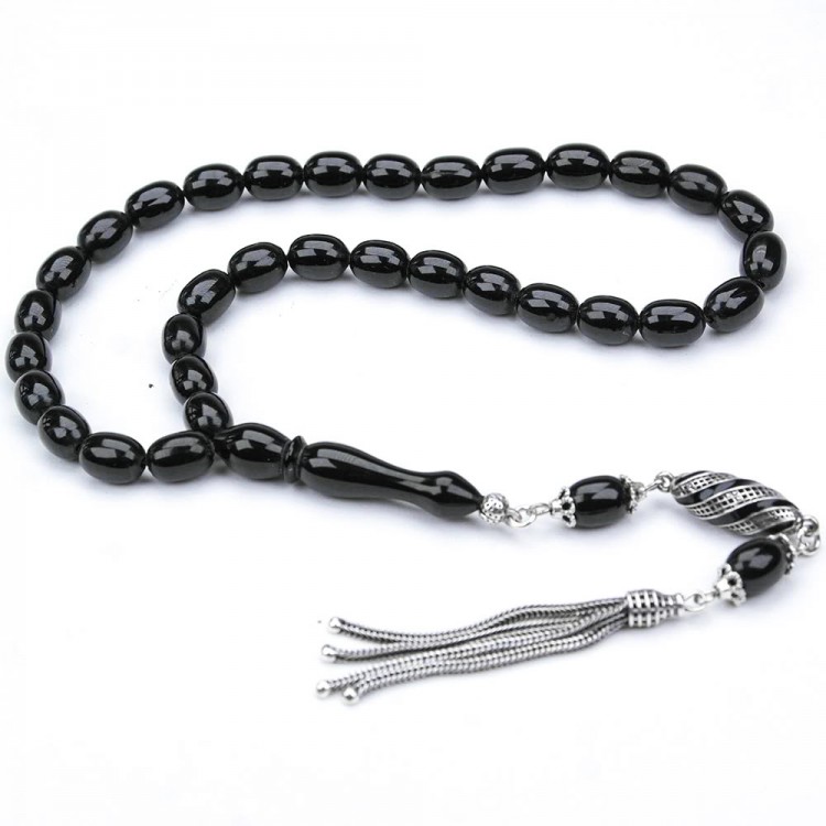 Oltu Stone Beaded Silver Tassel Oltu Stone Prayer Beads