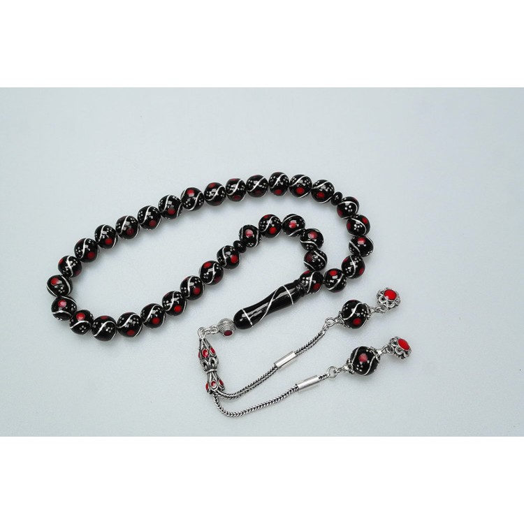 Oltu Stone Triple Fountain Nightingale Red Embroidered Prayer Beads