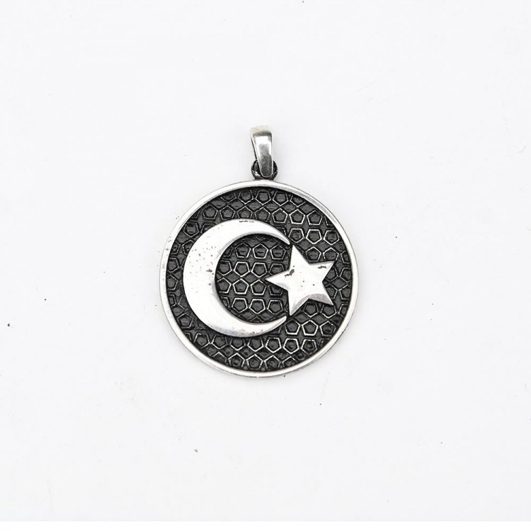 Silver Crescent Star Embossed Model Men's Necklace Silver Crescent Star Embossed Model Men's Necklace