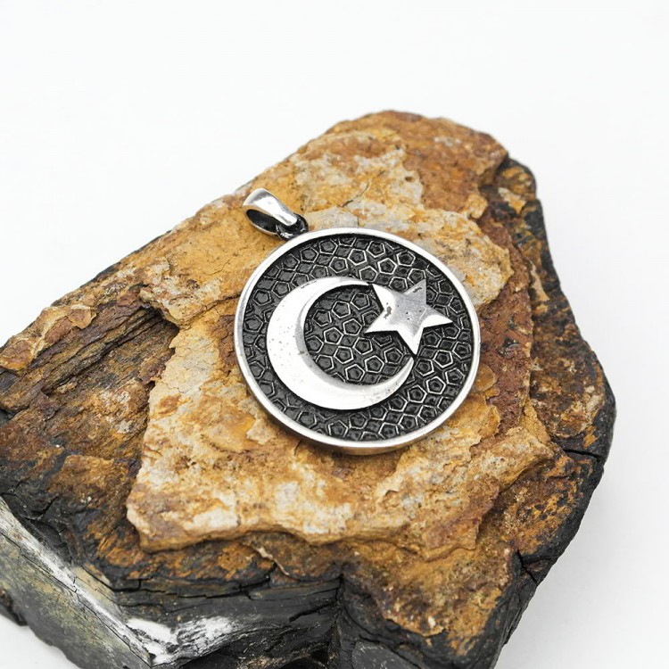 Silver Crescent Star Embossed Model Men's Necklace