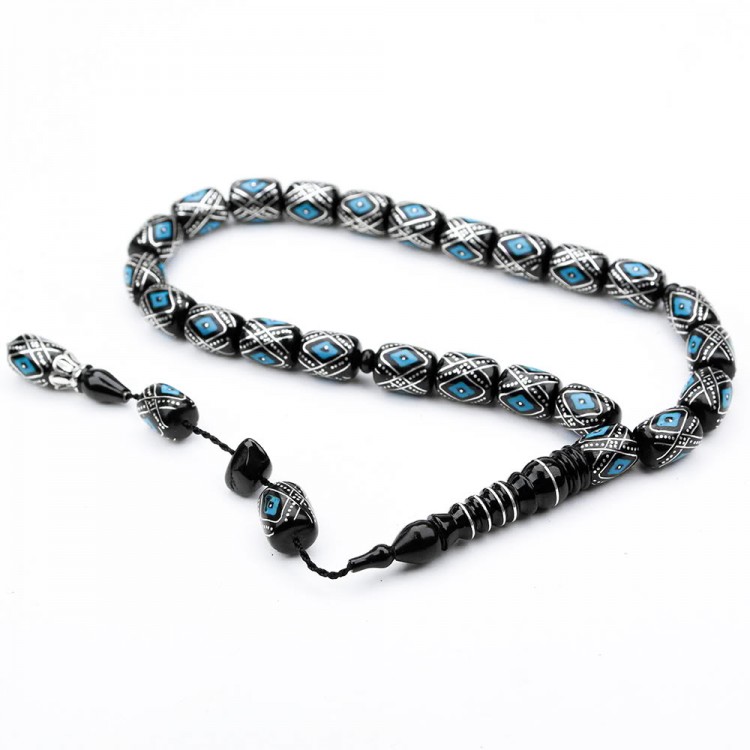 Oltu Stone Capsule Cut Scorpion Model Enameled Prayer Beads Oltu Stone Capsule Cut Scorpion Model Enameled Prayer Beads
