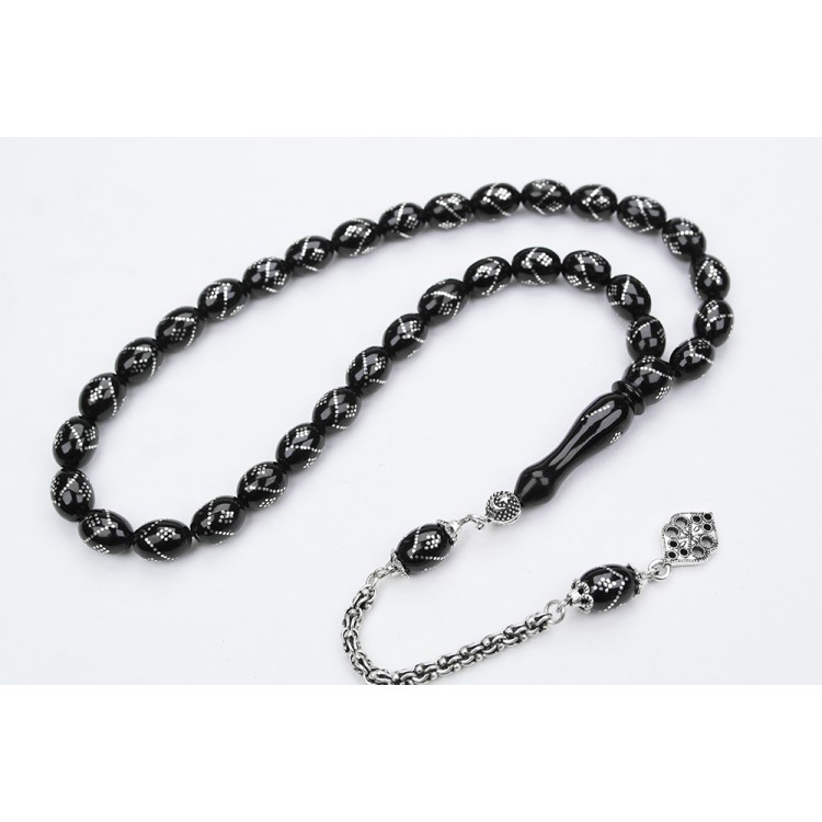 Oltu Stone White Model Single Zigzag Diamond Embroidered Prayer Beads