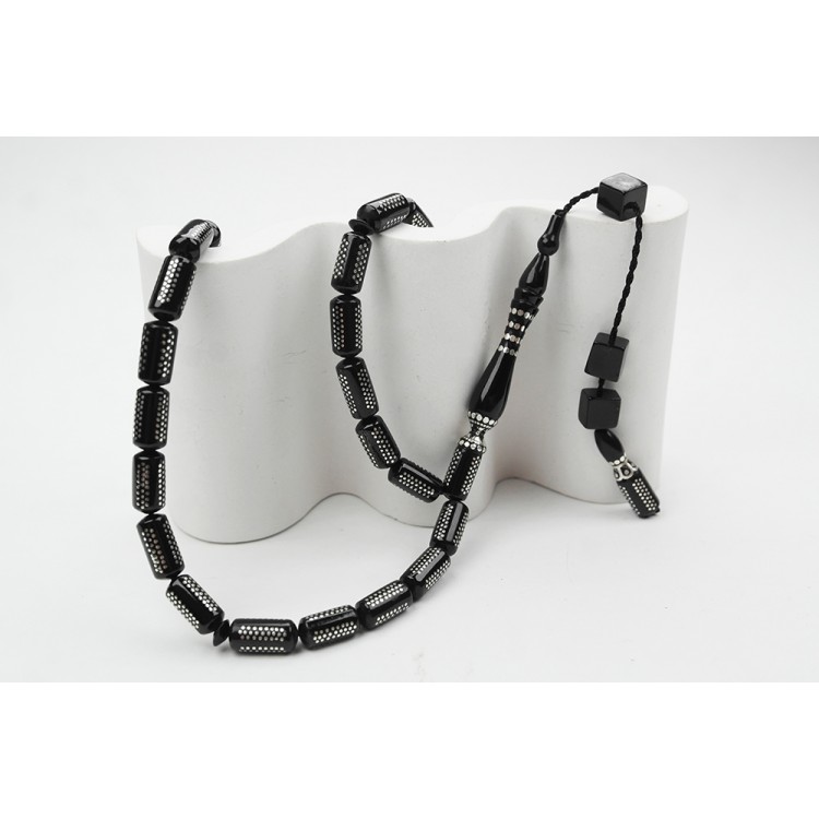 Oltu Stone Pipe Cut Kilim Pattern Embroidered Rosary