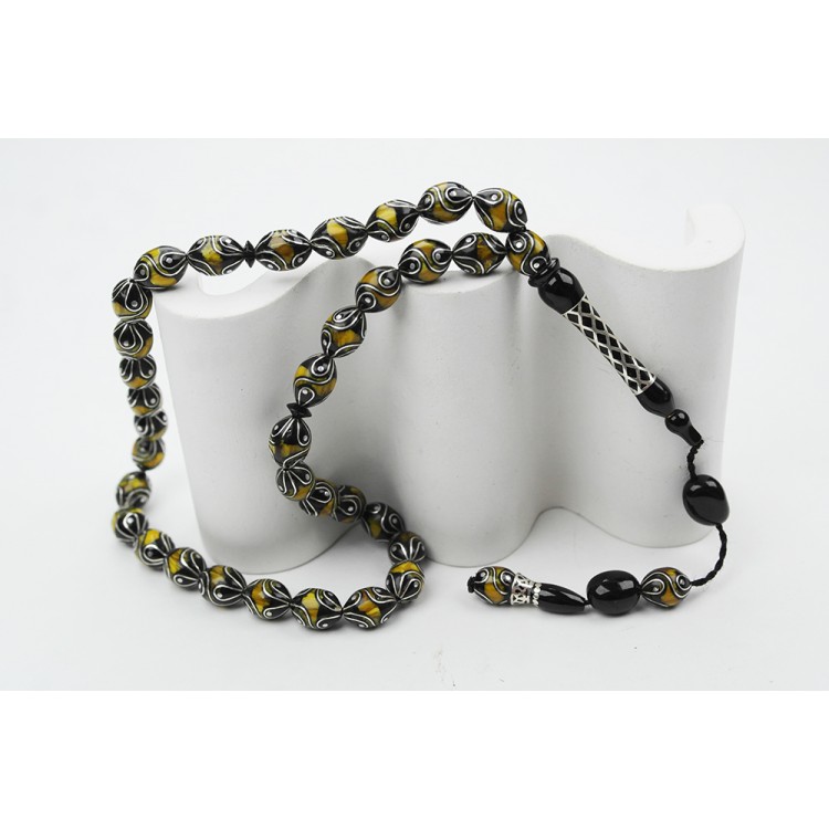 Oltu Stone and Yellow Galalith Fountain Drop Engraved Rosary Oltu Stone and Yellow Galalith Fountain Drop Engraved Rosary
