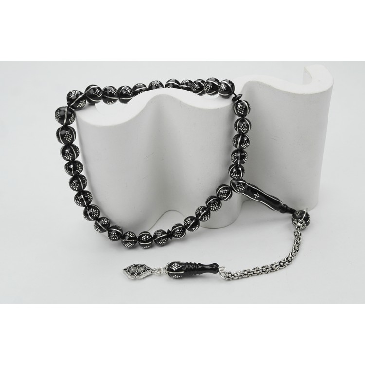 Oltu Stone Sphere Watermelon Diamond Wrist-Length Embroidered Prayer Beads