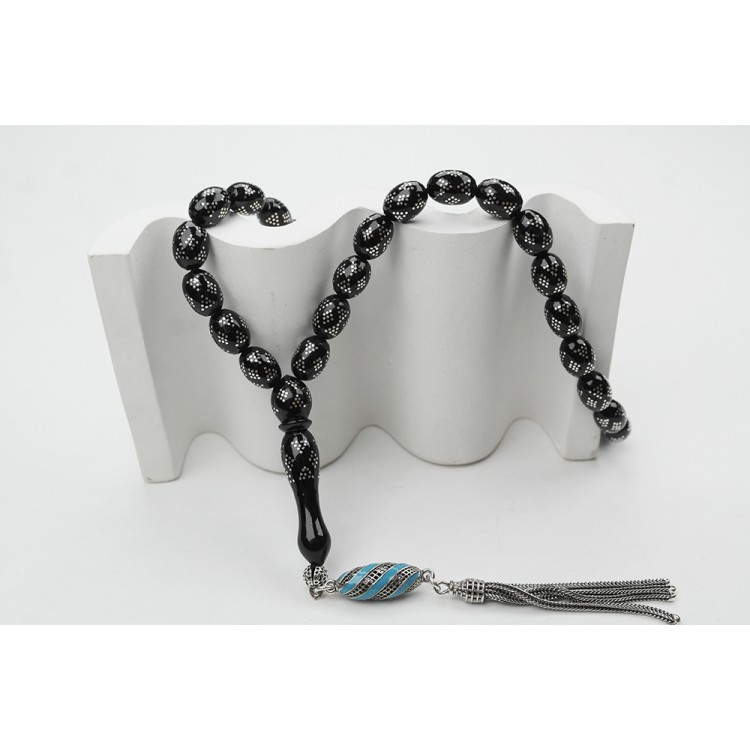 Oltu Stone White Model Hourglass Diamond Embroidered Prayer Beads