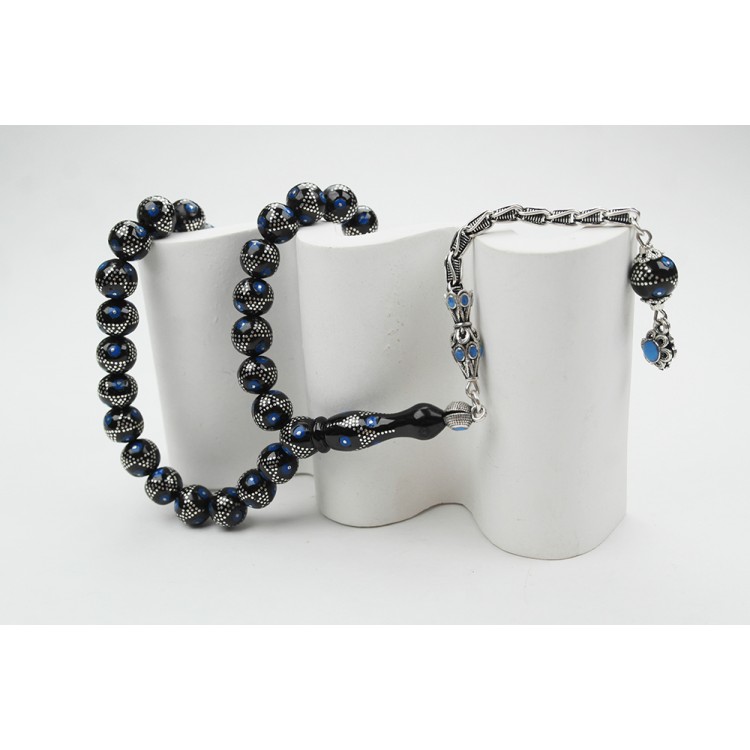 Oltu Stone Sphere Blue Star Embroidered Prayer Beads Oltu Stone Sphere Blue Star Embroidered Prayer Beads