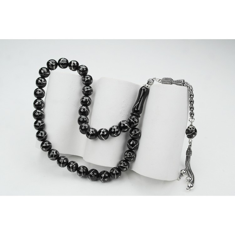 Oltu Stone Sphere Single Zigzag Quadruple Diamond Embroidered Prayer Beads