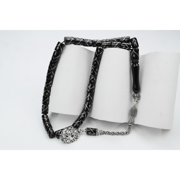 Oltu Stone Cut Model Single Zigzag Quadruple Diamond Embroidered Prayer Beads