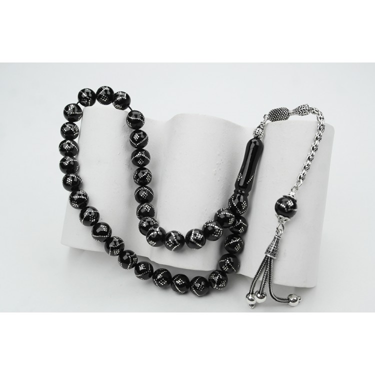 Oltu Stone Sphere Model Single Zigzag Nine-Layered Diamond-Engraved Prayer Beads