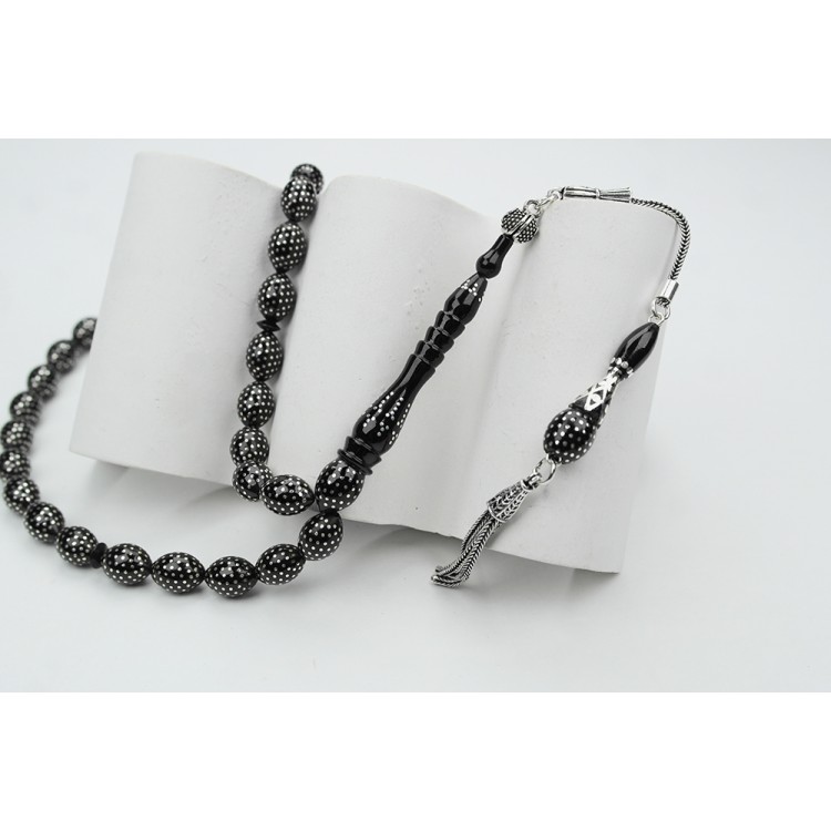 Oltu Stone Beaded Beaded Beaded Rosary with Point Fountain and Nightingale Embroider