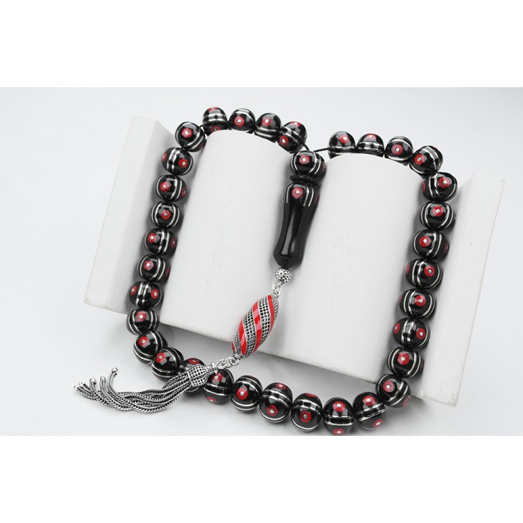 Oltu Pressed Flat Model Alpaca Watermelon Coral Embroidered Prayer Beads